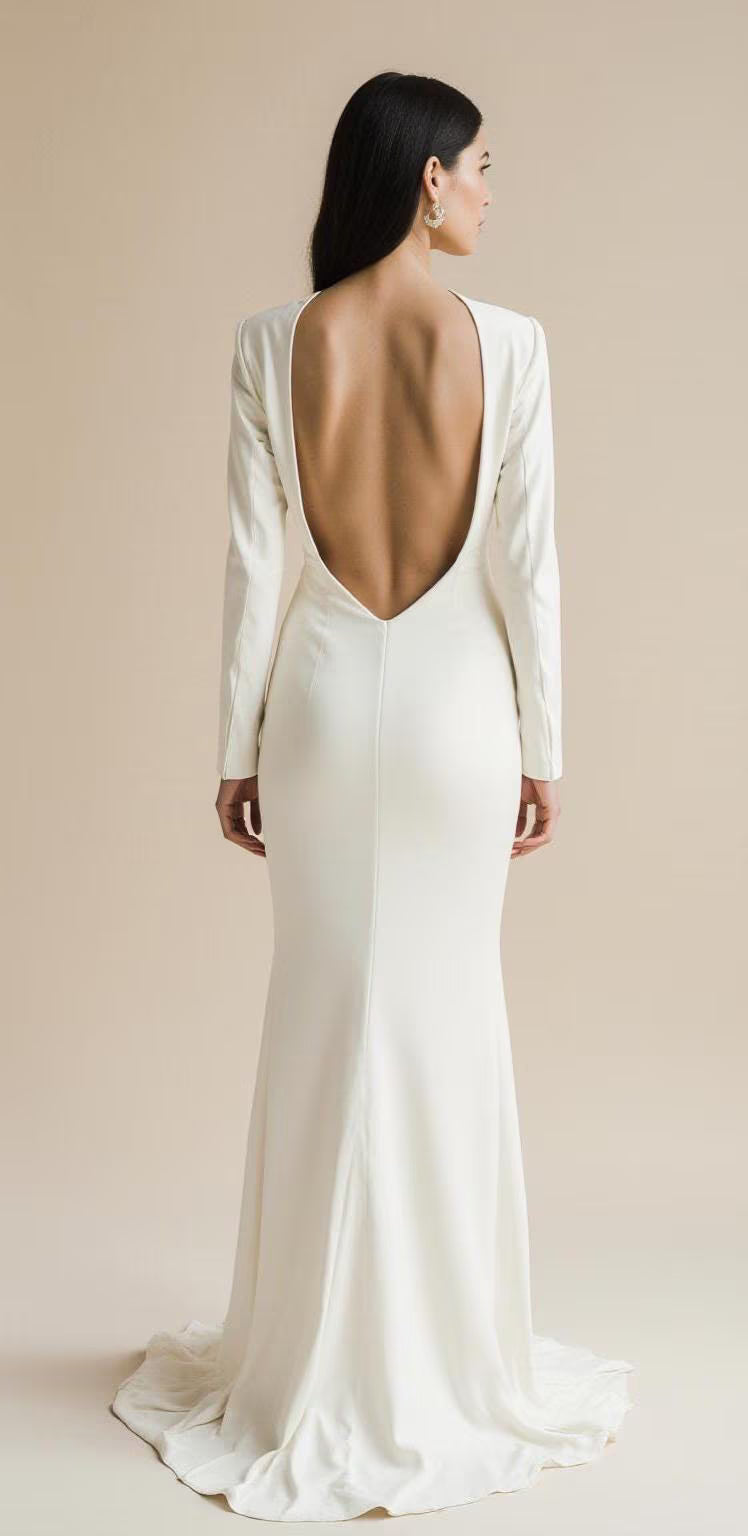 Long Sleeve Satin Wedding Dress – Elegant High Slit Bridal Gown with Draped Bodice & Train | Maison Bridal