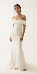 Off-Shoulder Satin Wedding Dress – Elegant Mermaid Bridal Gown with Train & Folded Neckline | Maison Bridal