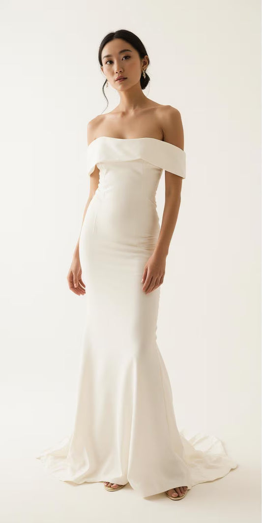 Off-Shoulder Satin Wedding Dress – Elegant Mermaid Bridal Gown with Train & Folded Neckline | Maison Bridal