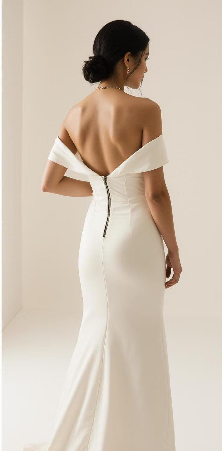 Off-Shoulder Satin Wedding Dress – Elegant Mermaid Bridal Gown with Train & Folded Neckline | Maison Bridal