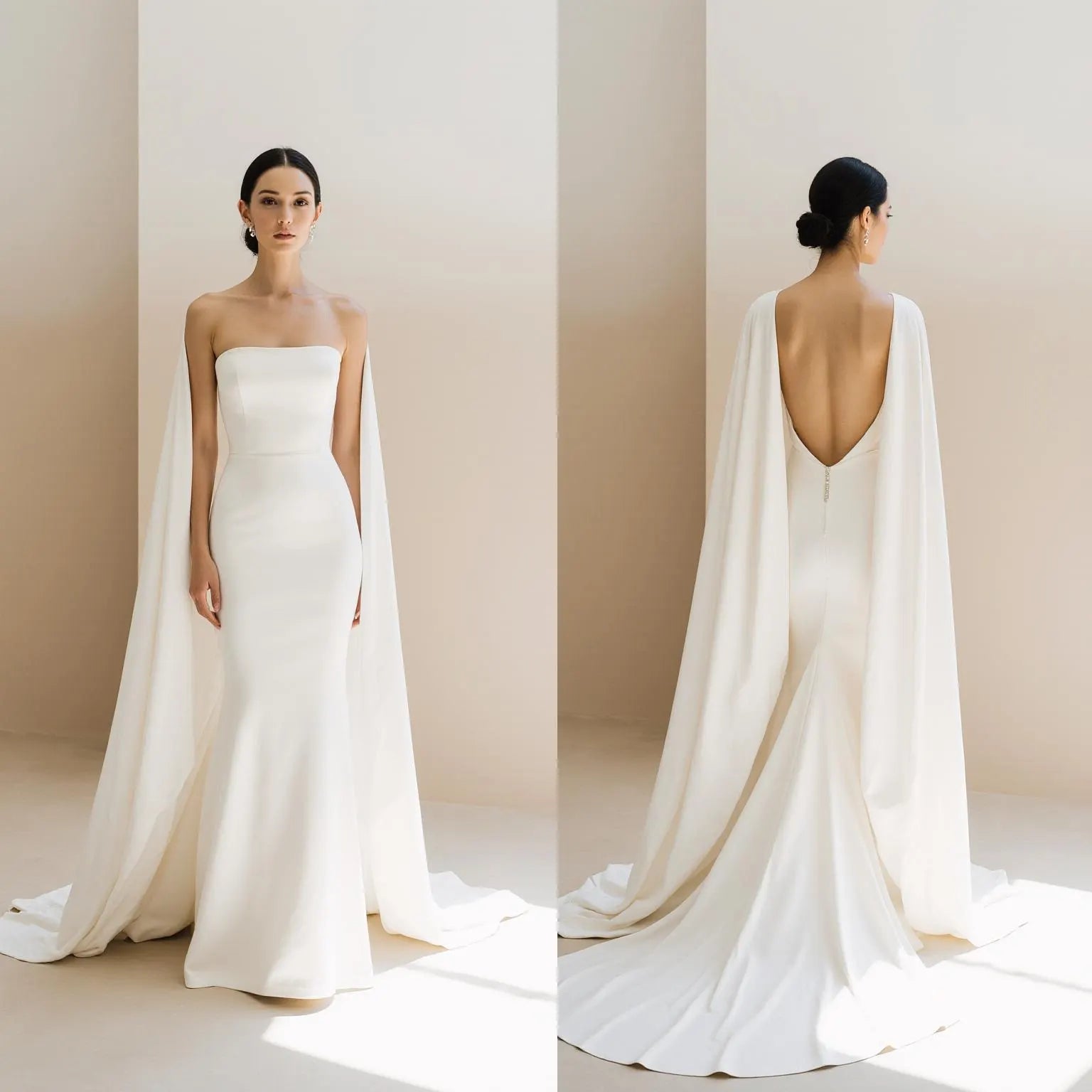 Elegant Strapless Mermaid Wedding Dress with Long Train and Flowing Cape – Maison Bridal